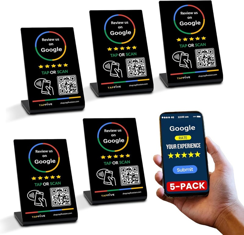 TapFive Google Review Stand (5-Pack) - Tap for Instant Reviews - Reusable Smart Tap NFC & QR - All Phones Compatible - Boost Business Reviews Zappy Fast (Black, 5 Stands) - Image 1